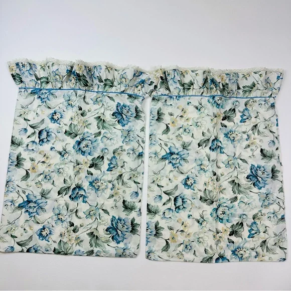 Vintage Blue Floral Cotton Lace Ruffle Trim 2 Standard Pillowcases & Flat Sheet - Picture 1 of 14